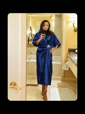 Elegant Navy Satin Midi Dress with Center Brooch